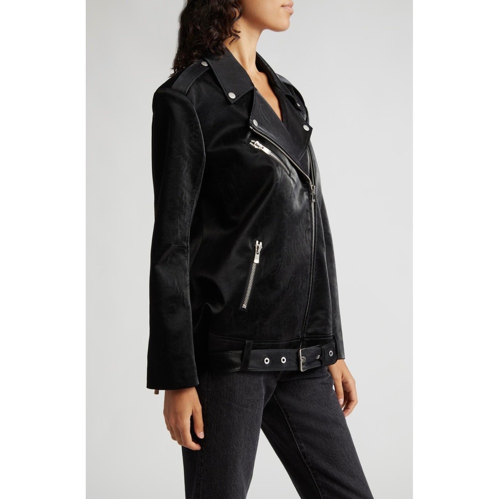 NWT Cinq‎ a Sept Brice Faux Leather Moto Jacket Small Black Belted Minimalist - Picture 11 of 16